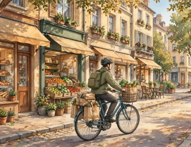 A delivery courier cycling with paper grocery bags past city shops, a generic delivery illustration