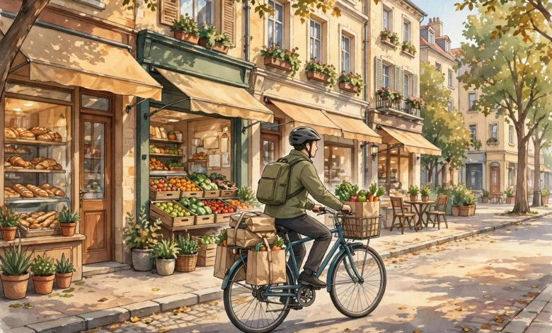 A delivery courier cycling with paper grocery bags past city shops, a generic delivery illustration