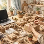 A small home business packing parcels and craft items on a table beside a laptop, a generic illustration