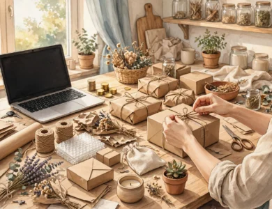 A small home business packing parcels and craft items on a table beside a laptop, a generic illustration