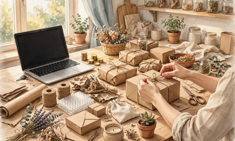 A small home business packing parcels and craft items on a table beside a laptop, a generic illustration