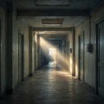 A dim institutional corridor with closed doors and light at the far end, a generic illustration