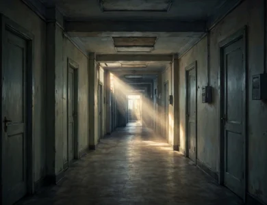 A dim institutional corridor with closed doors and light at the far end, a generic illustration