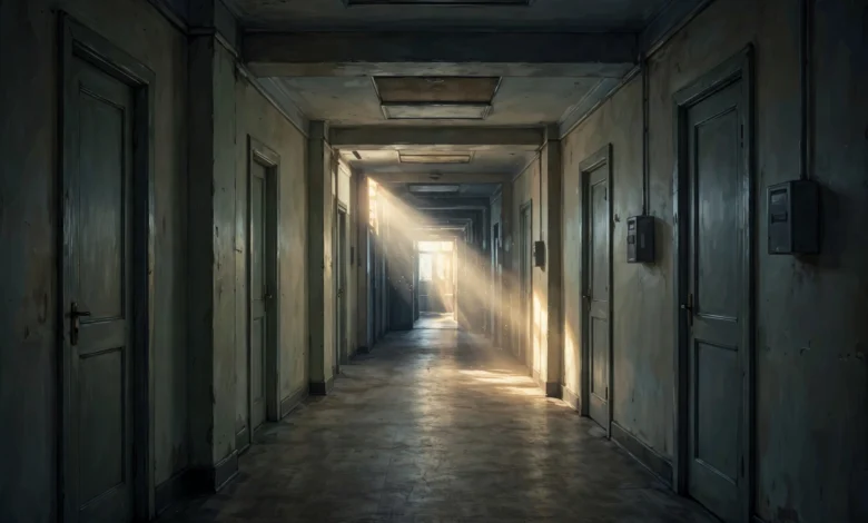 A dim institutional corridor with closed doors and light at the far end, a generic illustration