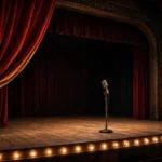 A Broadway stage with red velvet curtains, warm footlights and a vintage radio microphone, a generic theatre illustration