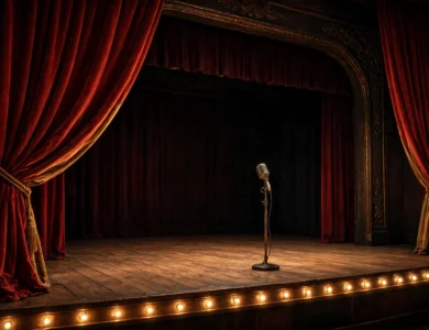 A Broadway stage with red velvet curtains, warm footlights and a vintage radio microphone, a generic theatre illustration