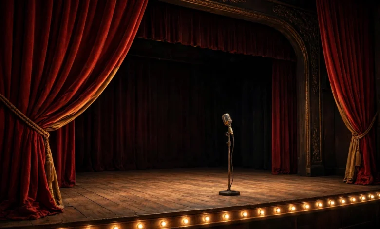 A Broadway stage with red velvet curtains, warm footlights and a vintage radio microphone, a generic theatre illustration