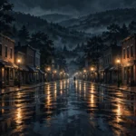 A quiet small-town street at night with wet pavement reflecting streetlights and wooded hills beyond, a generic illustration