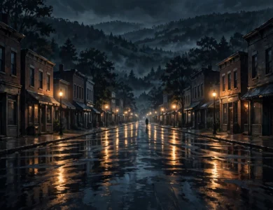 A quiet small-town street at night with wet pavement reflecting streetlights and wooded hills beyond, a generic illustration