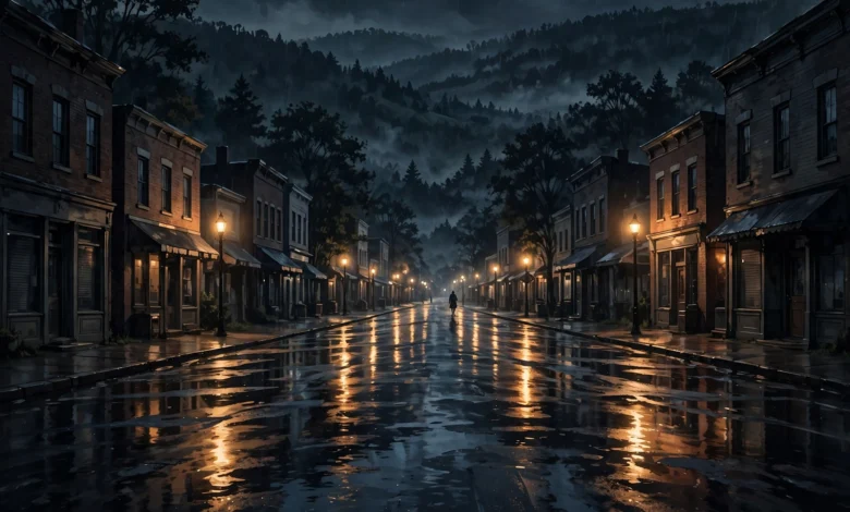A quiet small-town street at night with wet pavement reflecting streetlights and wooded hills beyond, a generic illustration