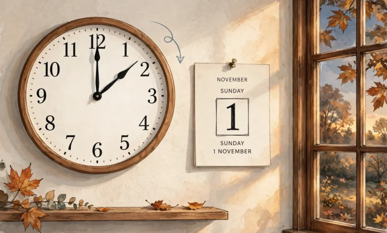 A wall clock being turned back one hour as US daylight saving time ends on 1 November 2026