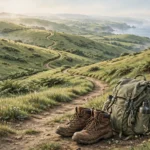 Worn walking boots and a backpack beside a long trail winding through green hills toward the coast