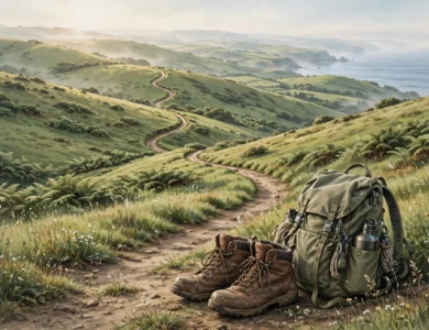 Worn walking boots and a backpack beside a long trail winding through green hills toward the coast
