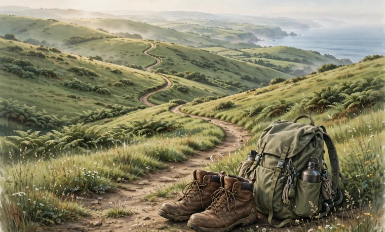 Worn walking boots and a backpack beside a long trail winding through green hills toward the coast