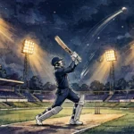 A generic cricket batsman hitting a six under floodlights at a night match