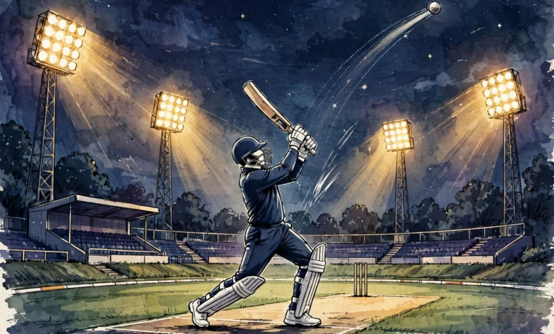 A generic cricket batsman hitting a six under floodlights at a night match