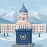 Alaska Senate race ballot box illustration in front of the Alaska State Capitol