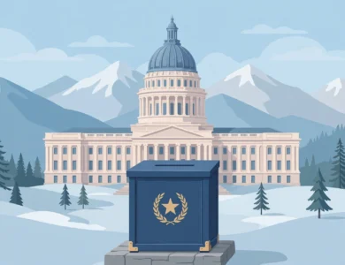 Alaska Senate race ballot box illustration in front of the Alaska State Capitol