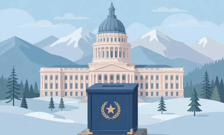 Alaska Senate race ballot box illustration in front of the Alaska State Capitol