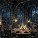 A Highland castle at night with a round table set for The Celebrity Traitors final