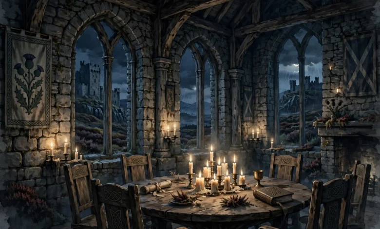 A Highland castle at night with a round table set for The Celebrity Traitors final
