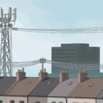 Virgin Media O2 job cuts illustration showing a mobile phone mast and fibre broadband cables above UK rooftops