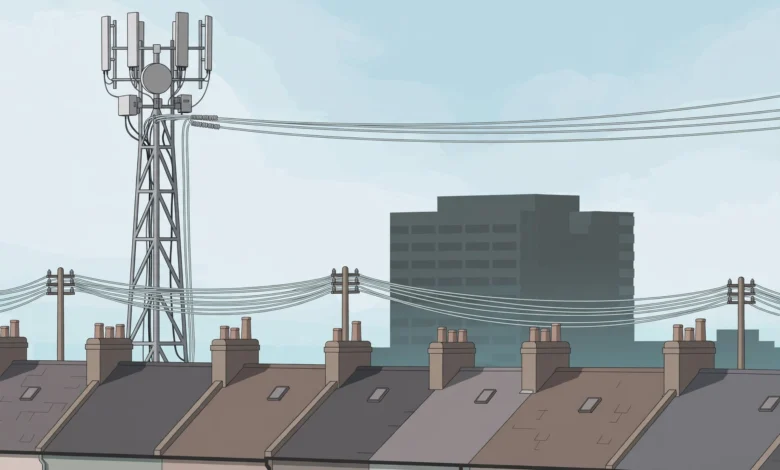 Virgin Media O2 job cuts illustration showing a mobile phone mast and fibre broadband cables above UK rooftops