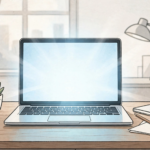 A laptop computer on a desk