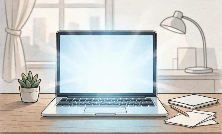 A laptop computer on a desk