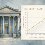 A central bank building beside a rising interest-rate chart with a Canadian maple leaf symbol