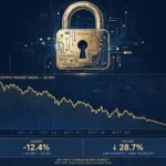A digital padlock over a cryptocurrency exchange chart with falling prices
