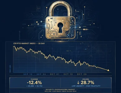 A digital padlock over a cryptocurrency exchange chart with falling prices