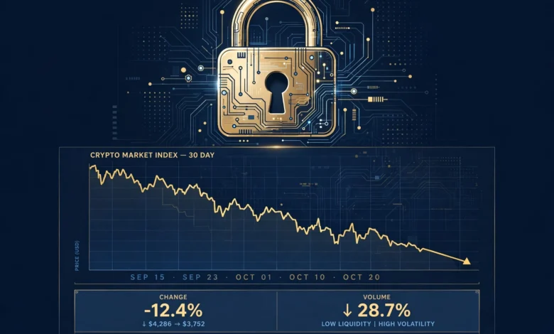 A digital padlock over a cryptocurrency exchange chart with falling prices