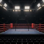 An empty professional boxing ring under bright arena lights, a generic illustration