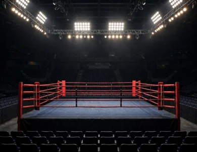 An empty professional boxing ring under bright arena lights, a generic illustration