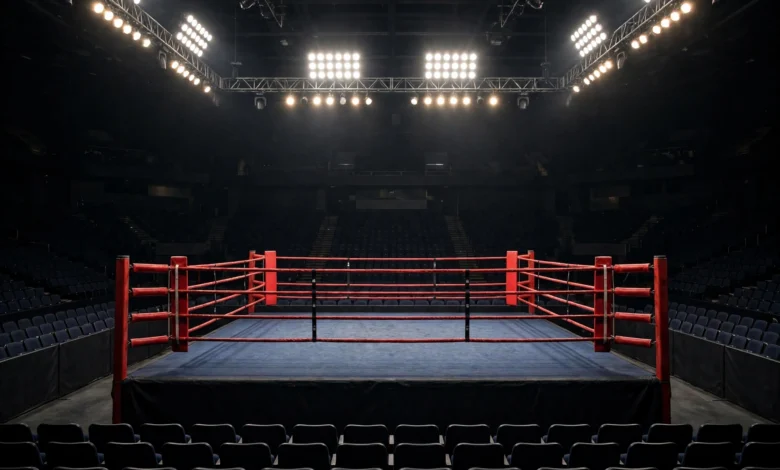An empty professional boxing ring under bright arena lights, a generic illustration