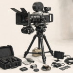 Illustration of a professional film camera on a tripod with cinematography equipment