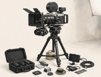 Illustration of a professional film camera on a tripod with cinematography equipment