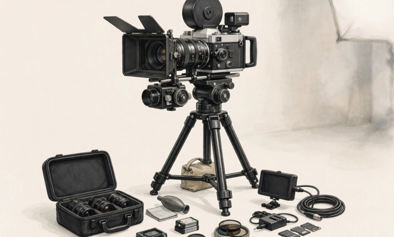 Illustration of a professional film camera on a tripod with cinematography equipment