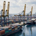 Dockworkers strike at a busy container port with cranes and cargo ships