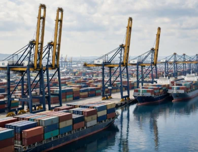 Dockworkers strike at a busy container port with cranes and cargo ships