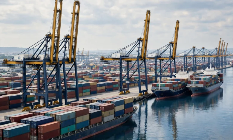 Dockworkers strike at a busy container port with cranes and cargo ships
