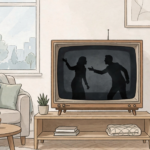 Illustrated television soap opera scene showing two silhouetted characters on a vintage television in a living room