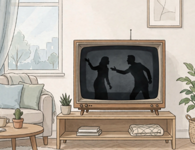 Illustrated television soap opera scene showing two silhouetted characters on a vintage television in a living room
