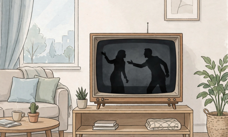 Illustrated television soap opera scene showing two silhouetted characters on a vintage television in a living room