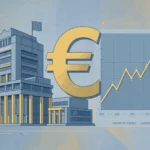 The European Central Bank building beside a euro symbol and a chart showing rising interest rates