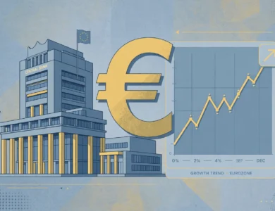 The European Central Bank building beside a euro symbol and a chart showing rising interest rates