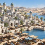 A sunlit desert port city with domed towers overlooking a bay, a generic fantasy illustration