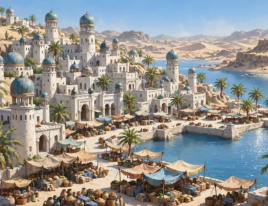 A sunlit desert port city with domed towers overlooking a bay, a generic fantasy illustration
