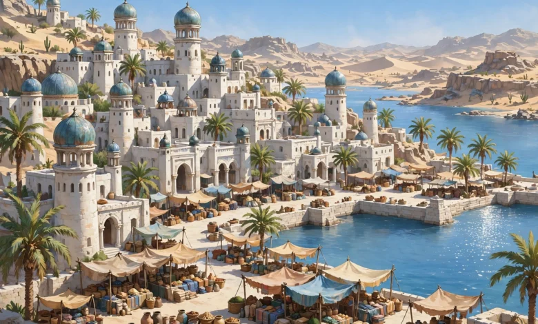 A sunlit desert port city with domed towers overlooking a bay, a generic fantasy illustration